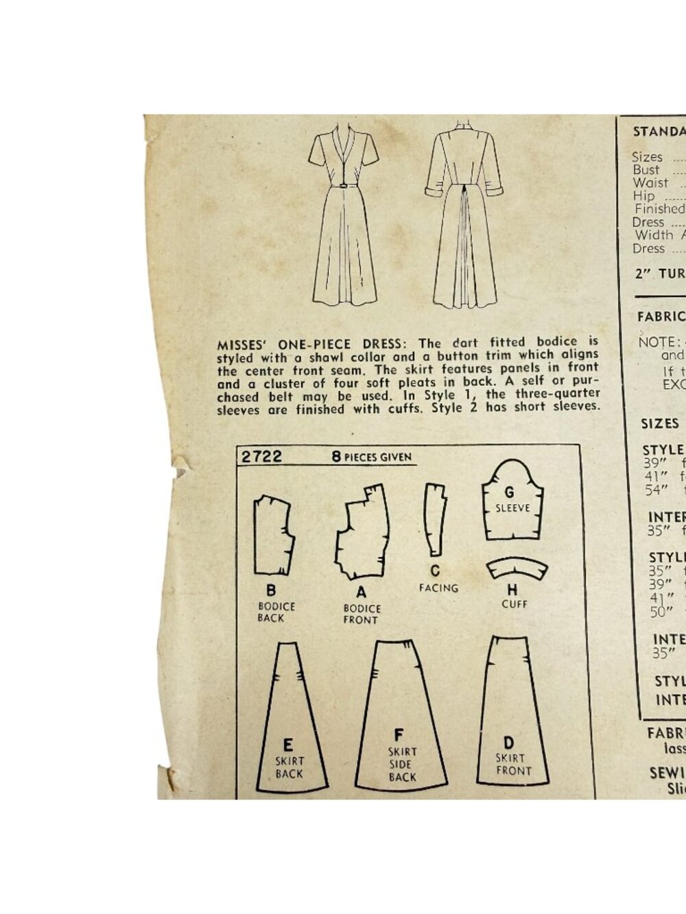 1949 Vintage Simplicity 2722 Sewing Pattern Misses Dress Size 16 Bust 34 Uncut - Picture 6 of 7